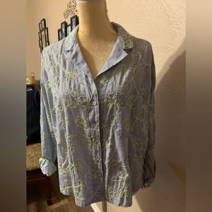 Maeve Blue and Green Embroidered Button Down Shirt